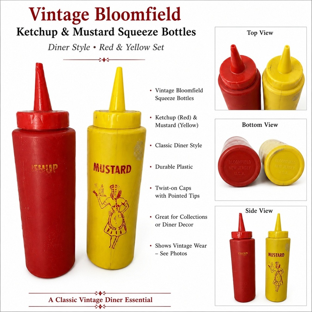Vintage Bloomfield Ketchup Mustard Squeeze Bottles Diner Style Red Yellow Set